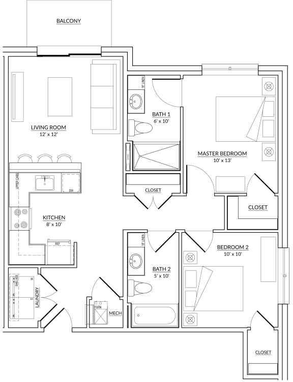 Tuxedo Style C - 2 bed, 2 bath apartment floor plan