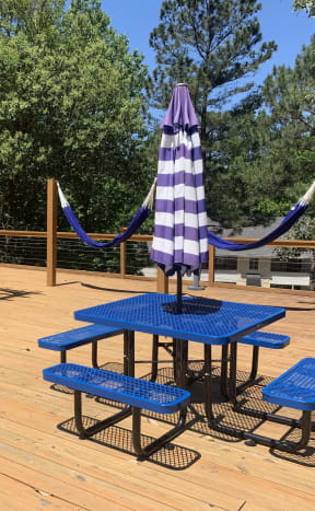 a picnic table with an umbrella and benches on a deck