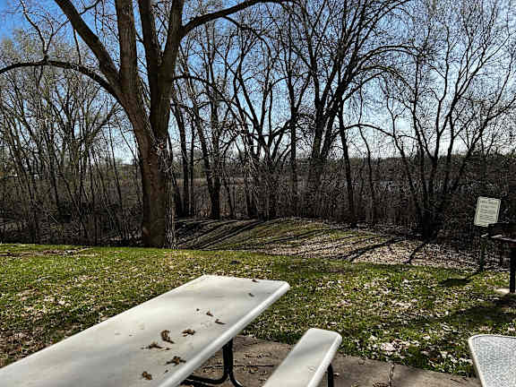 A picnic table sits in the middle of a grassy area with trees in the background.