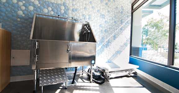 A stainless steel oven is in a kitchen with a blue and white tiled wall.