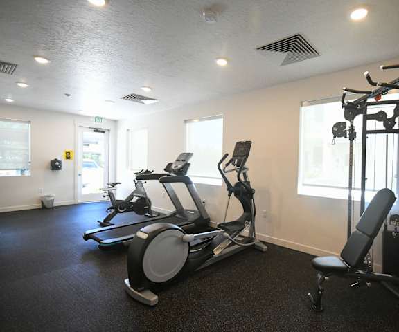 a gym with cardio machines and weights on the floor