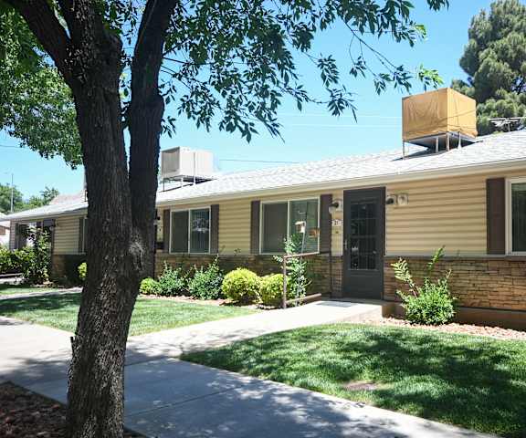 the front of a yellow house with a sidewalk and a tree