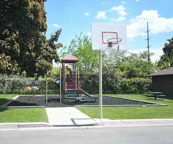 a playground with a basketball hoop and a swing set