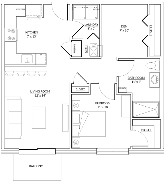 Hartman Style D - 1 bed, 1 bath + den apartment floor plan