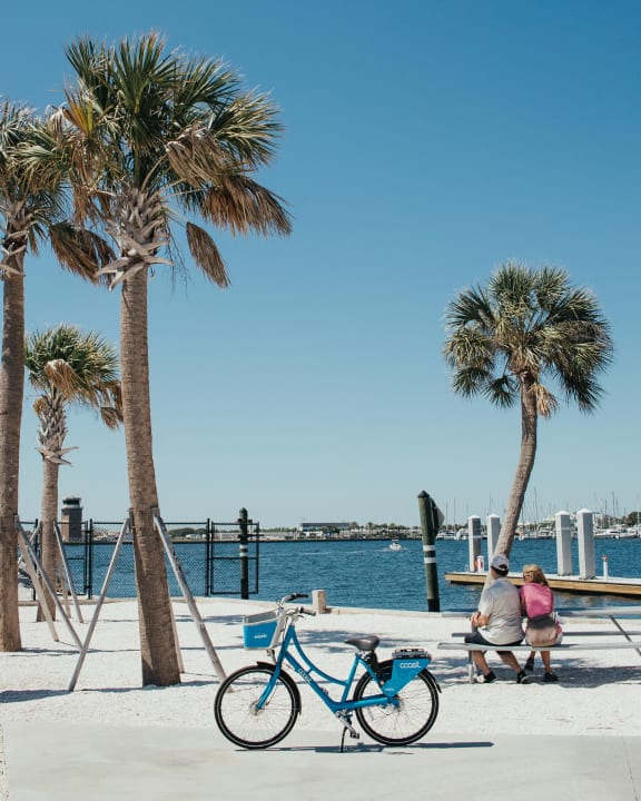 a couple walking on the beach near a blue bike and palm trees  at La Unión, Tampa, 33605