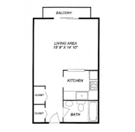 A floor plan of a balcony with a living area, kitchen, and bathroom.