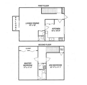A floor plan of a two-story house with labeled rooms and dimensions.