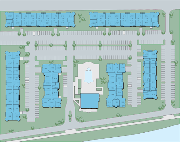 A map of a parking lot with various numbered parking spaces.