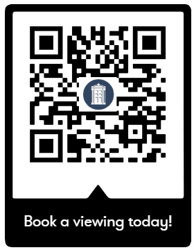 A QR code is on a white background with a book icon in the center and the words "Book a viewing today!" below it.
