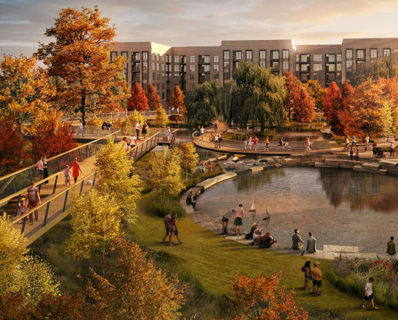 a rendering of a park with people walking around a lake and a building in the background