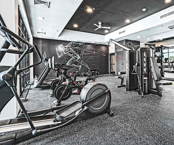 A gym with treadmills, elliptical machines, and other exercise equipment.