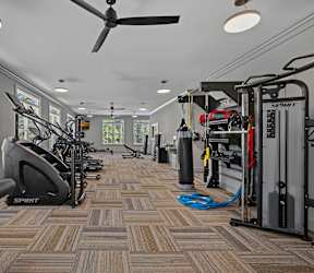 A gym with a variety of exercise equipment including treadmills, stationary bikes, and weight machines.