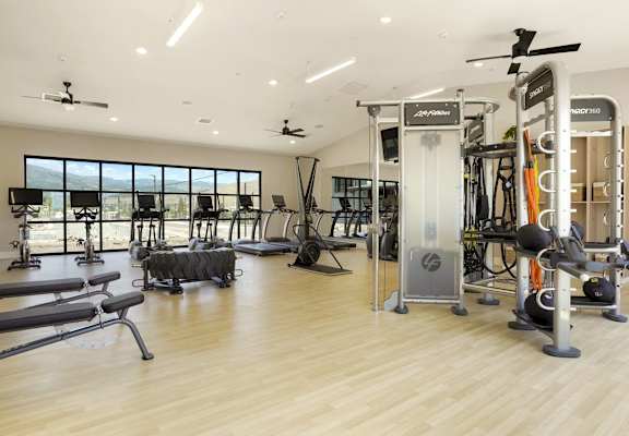 A gym with a variety of equipment including treadmills, weights, and exercise machines.