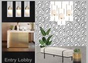 Thumbnail 1 of 5 - a rendering of a lobby with a geometric wallpaper and a desk with a chair