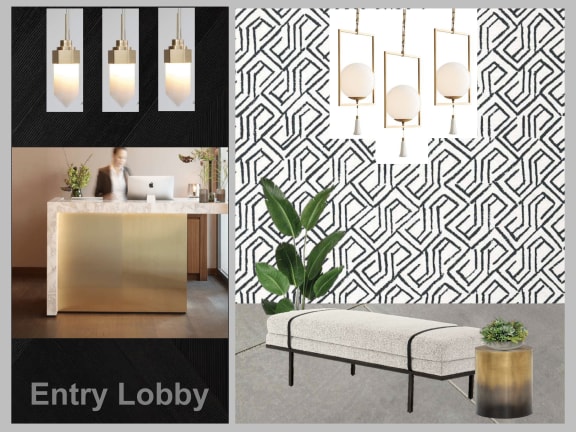 a rendering of a lobby with a geometric wallpaper and a desk with a chair