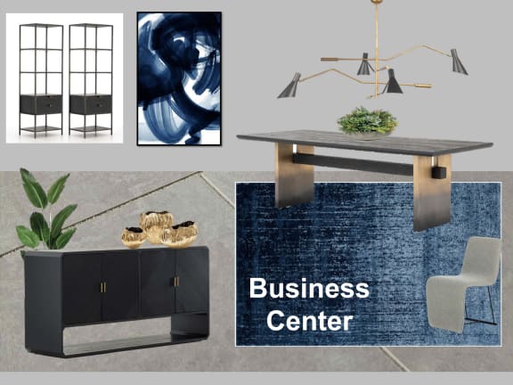 a business center with a table and a chair