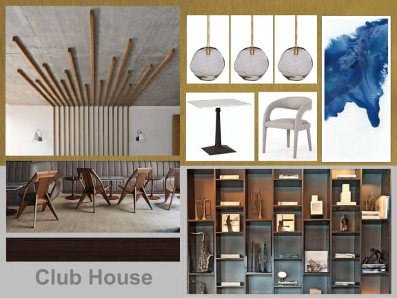 a room with a table and chairs and a club house