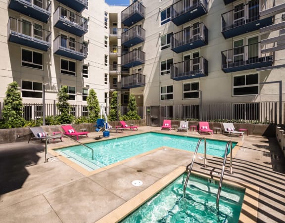 pool and spa and exterior of apartment building at Topaz Apartments, Los Angeles, 90013