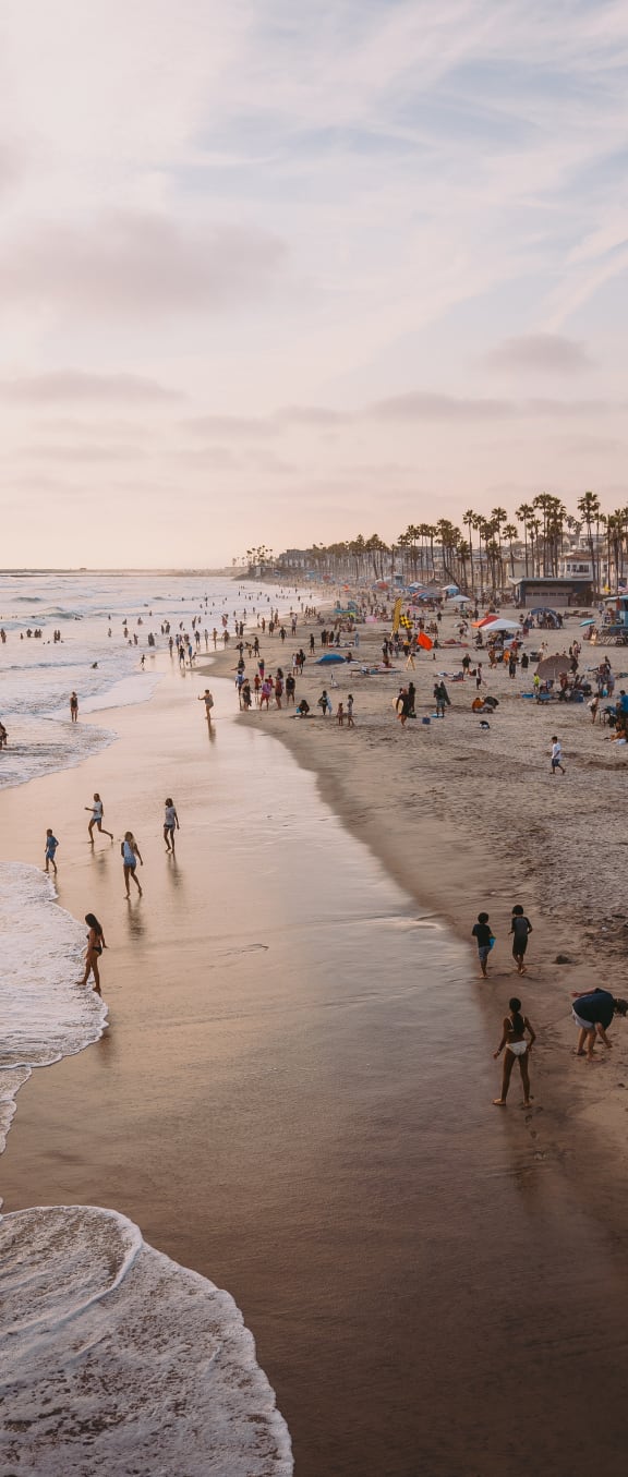 people on the beach at sunset in huntington beach
