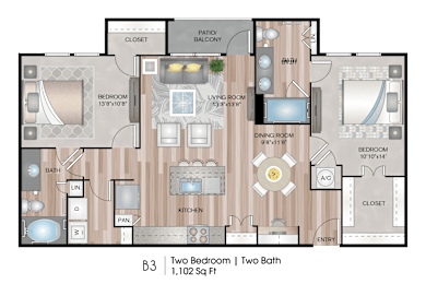 2 Bedroom B3 Floor Plan at Lofts at Katy Ranch, Katy, TX 77494