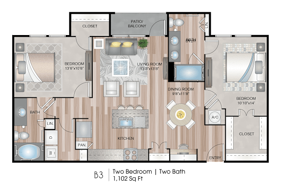 Floor Plan  2 Bedroom B3 Floor Plan at Lofts at Katy Ranch, Katy, TX 77494