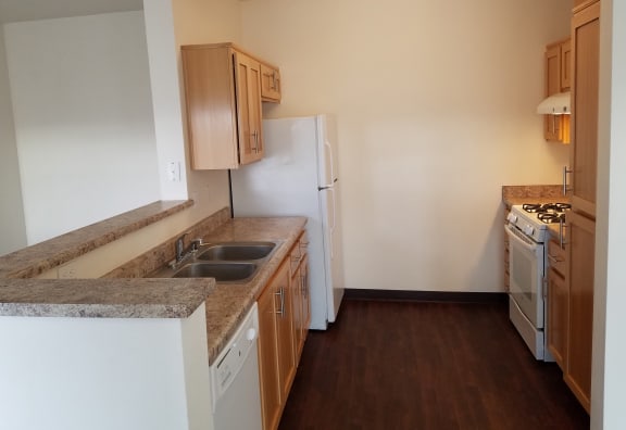 Image of faucet, sink, dishwasher, stove, refrigerator, cabinets, and counter tops