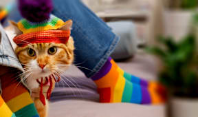 a cat wearing a rainbow hat and a rainbow sock next to a person