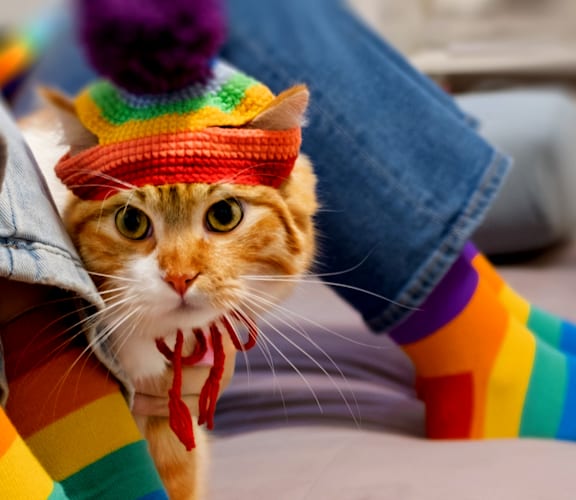 a cat wearing a rainbow hat and a rainbow sock next to a personat Coach House Apartments, Kansas City, 64131