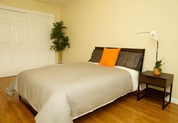 a bedroom with a bed and a potted plant