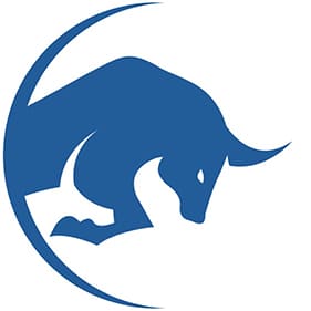 A blue bull logo on a white background.
