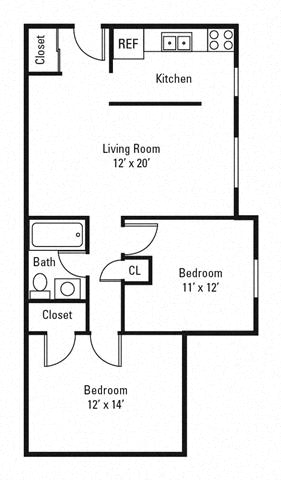 2 bed 1 bath floor plan at Highview Manor Apartments, Fairport, NY