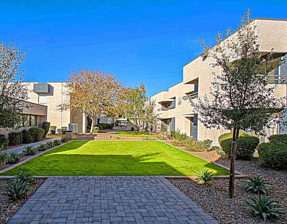 a garden between two apartment buildings with grass and trees