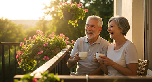 An elderly couple enjoying a cup of tea on a balcony.