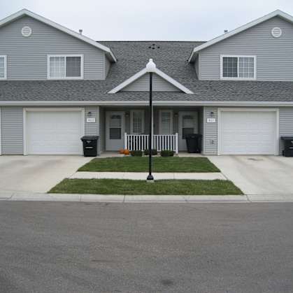 the front of a house with a driveway and a street light