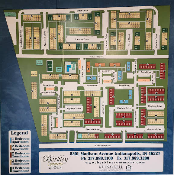 A map of a residential area with a legend indicating the number of bedrooms in each apartment.