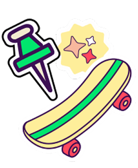 A cartoon image of a skateboard with a pin and a star.