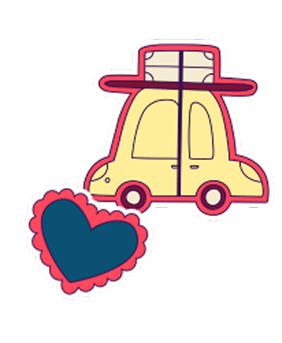 A yellow car with a red roof and a blue heart.