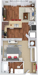 The Autry 3D. Studio apartment. Kitchen with bartop open to living room. 1 full bathroom.