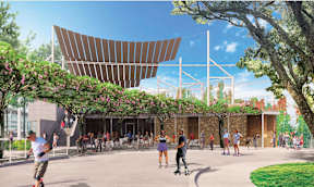 A modern building with a curved wooden structure on top and people skateboarding in front.