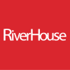 a white river house logo on a red background
