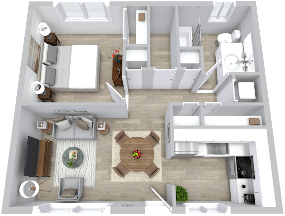 A 3D floor plan of a modern apartment with a kitchen, living room, and bathroom.