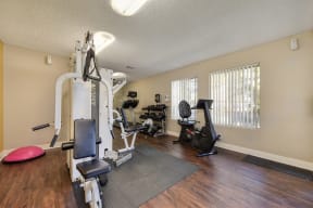 Community Fitness Center with Excercise Bike, Handweights, Treadmills, Ellipticals, Weight Machine, Plastic Floor Mats, Open Blinded Windows, Half Ball, Full Mirror and Wood Inspired Floor