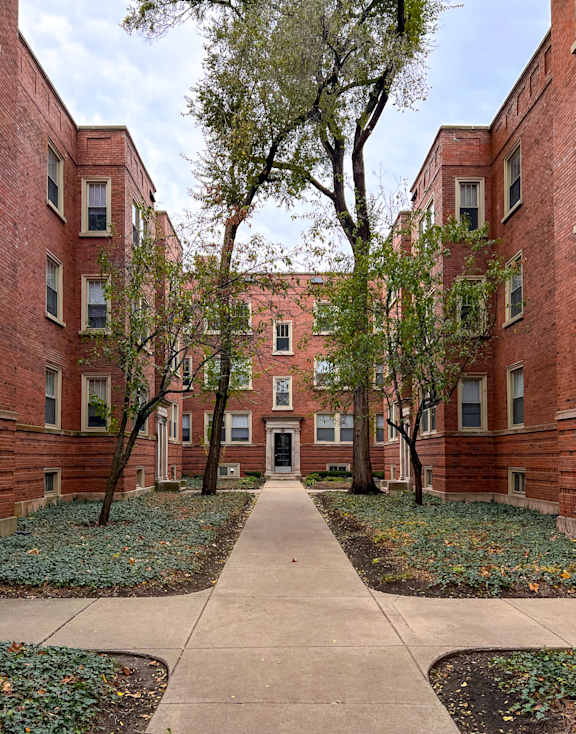 A tree-lined walkway leads to a building entrance.