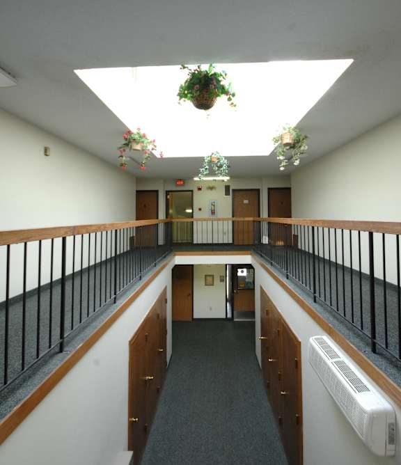 A long hallway with a skylight and hanging plants.