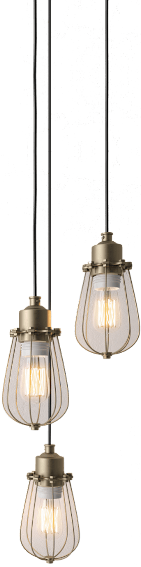 Three hanging light fixtures with a warm glow.