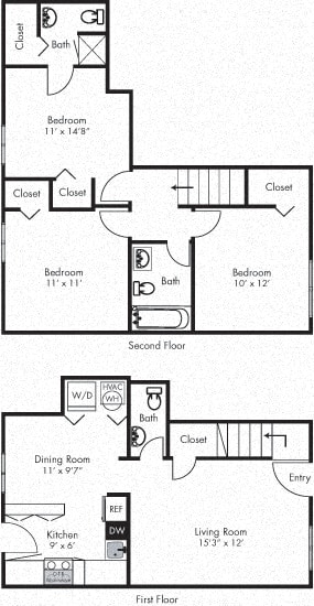 hemlock 3 bedroom townhome. Living-dining-kitchen-half bath on first floor. bedrooms and 2 full baths on second floor.