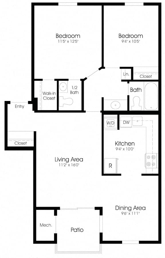 2 Bedroom Floor Plan at The Apartments at Hunters Glen, Frederick, MD