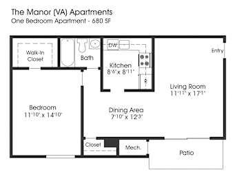  Floor Plan Manor 1BR 1BA (680sf)