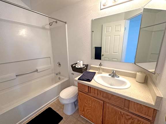 Bridgeside Landing Apartments in Taylorsville, Utah, Bathroom with bathtub and shower, round white sink, wooden cabinets under the sink.