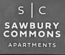 A black and white image of a sign for Sawburo Commons Apartments.
